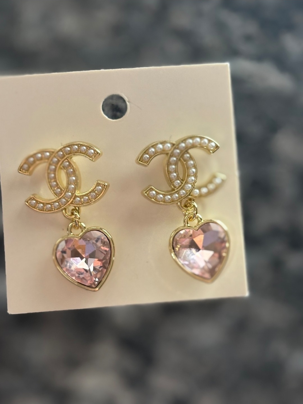 Gold-Tone Pink Crystal Heart Drop Earrings with Pearl-Trim Logo